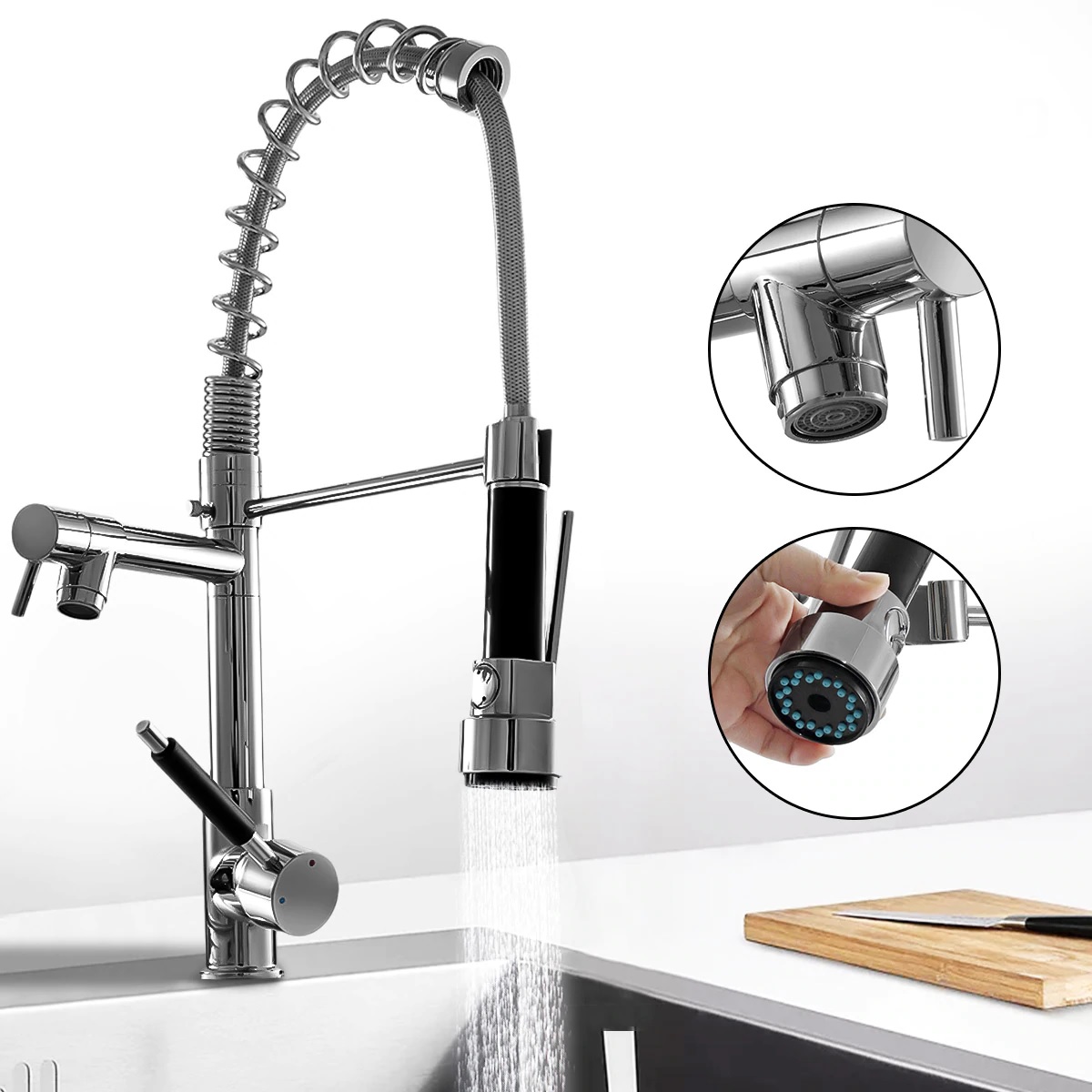 Juno Chrome Finish Kitchen Sink Faucet Pull-out Swivel Spout Hand Sprayer with Hot & Cold Water Mixer