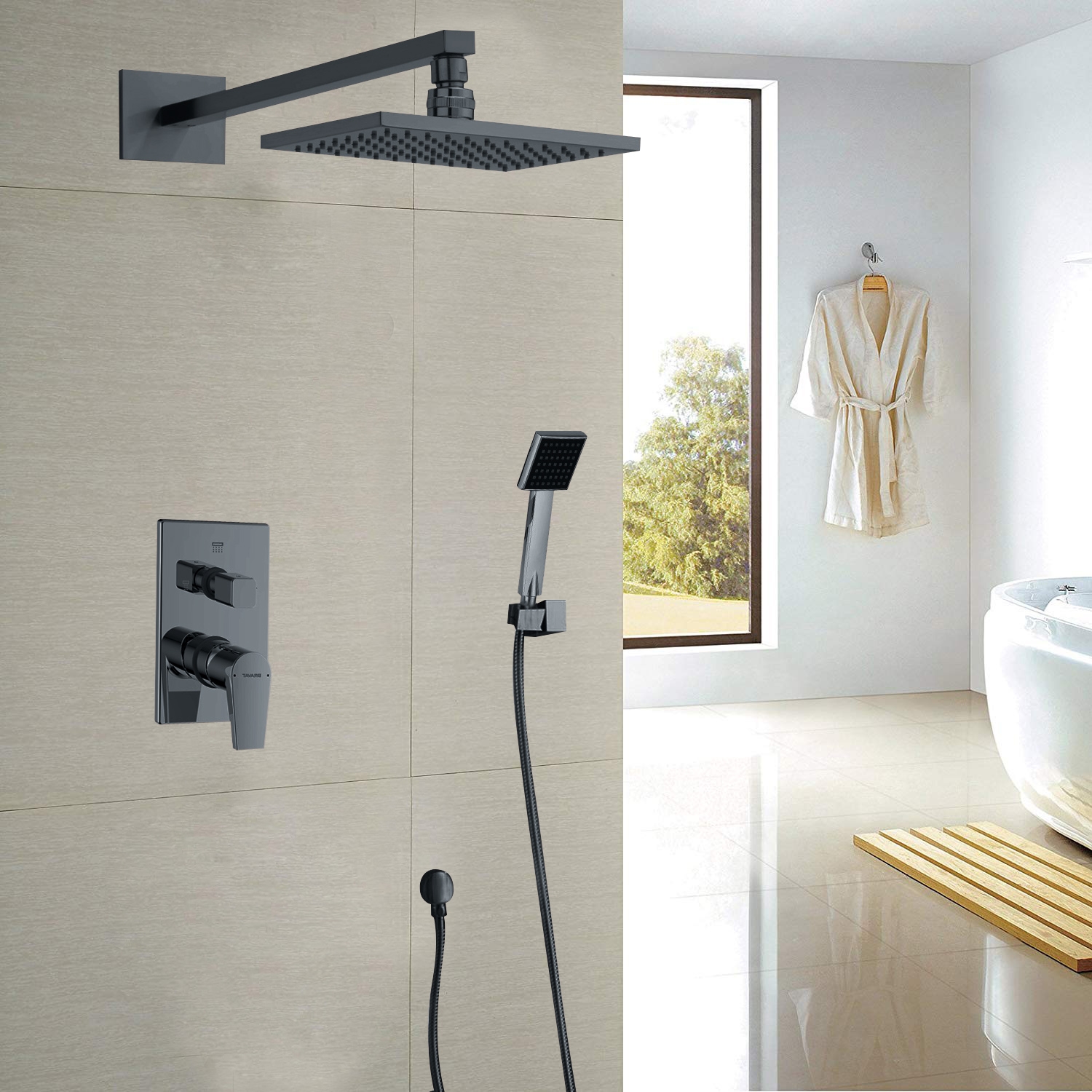 Juno Stylish Wall Mount Black Polished Rain Shower Head with Hand Shower JS6112