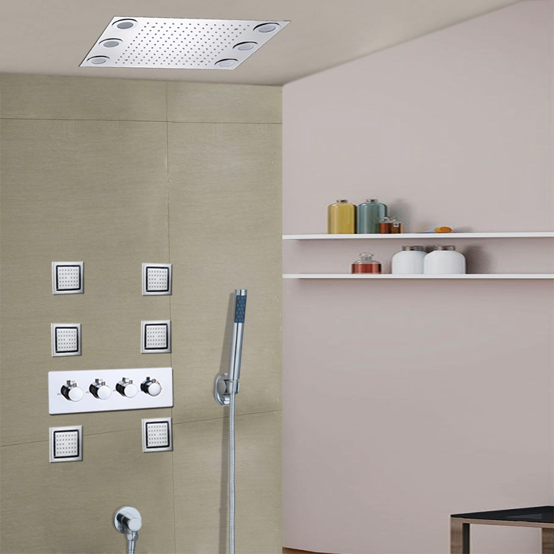 Juno Stainless Steel Wall Mounted Head, LED Rain Shower Set With Body Jets<br  loading=
