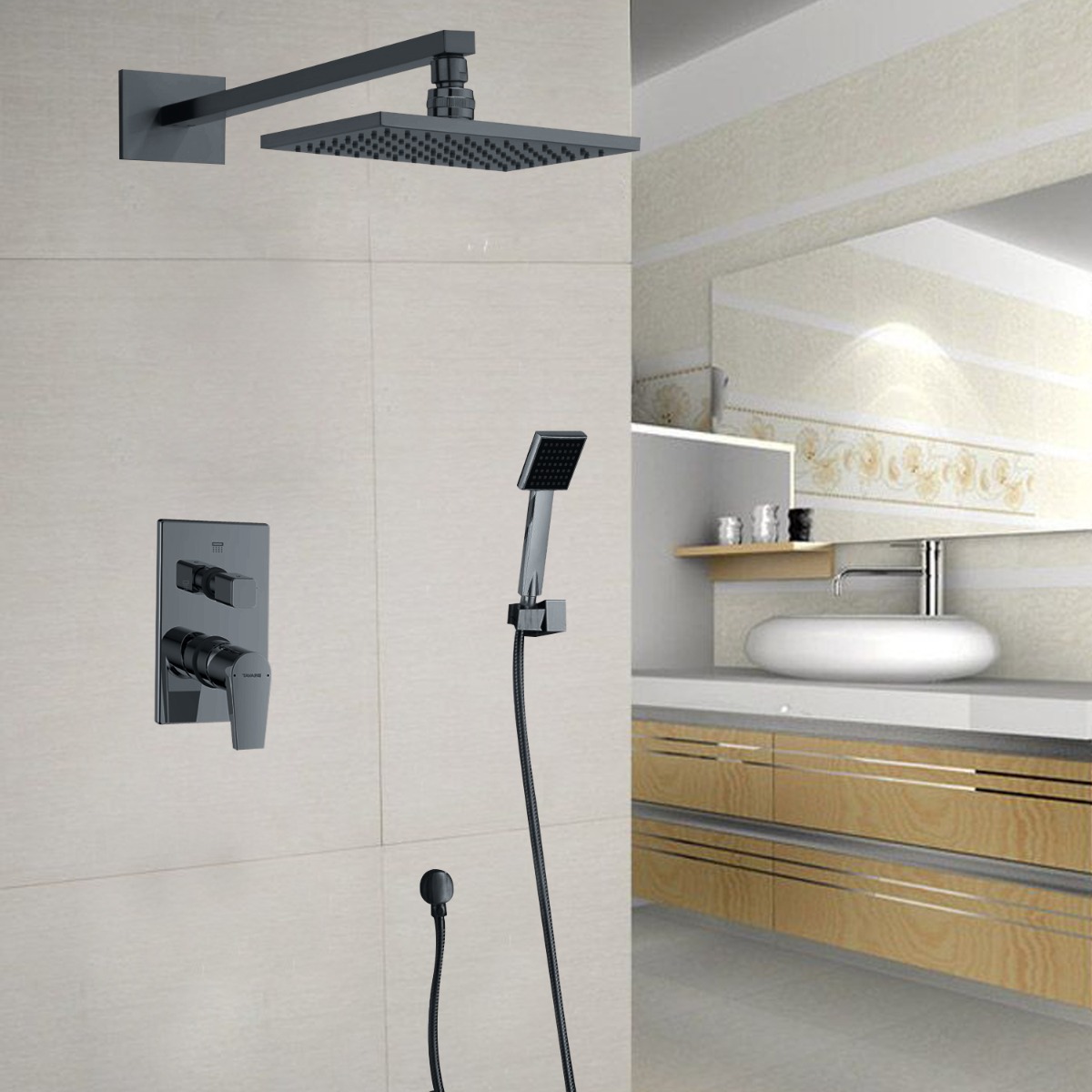 Juno Stylish 8" To 12" Wall Mount Black Polished Rain Shower Head