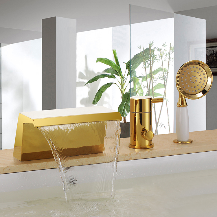 Gold Single Handle 3 Piece Roman Waterfall Bathroom Faucet