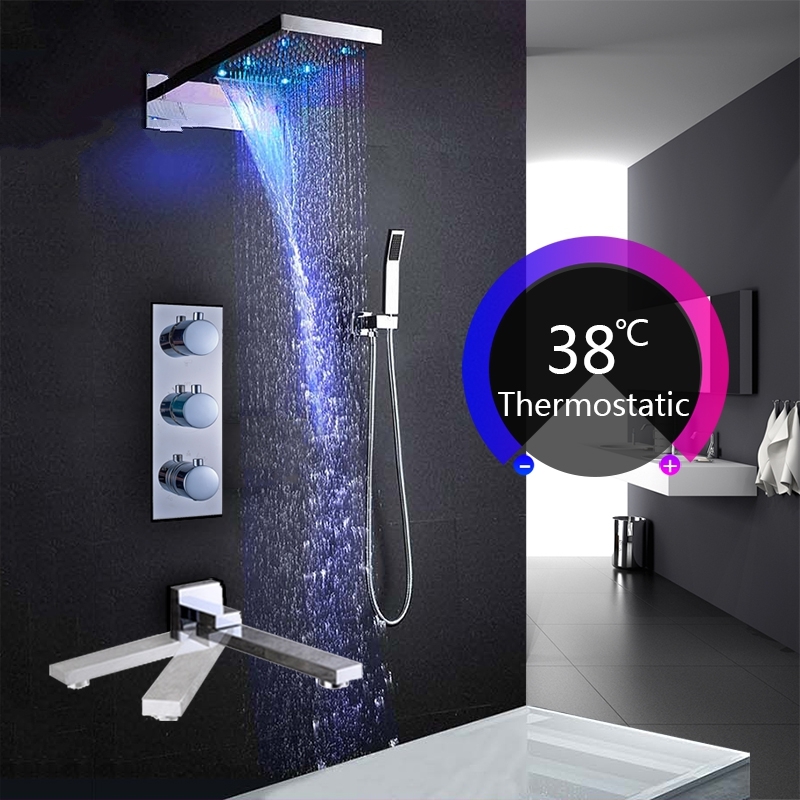 Luxury Wall Mount Waterfall and Rainfall Shower Head Set with Hand Shower