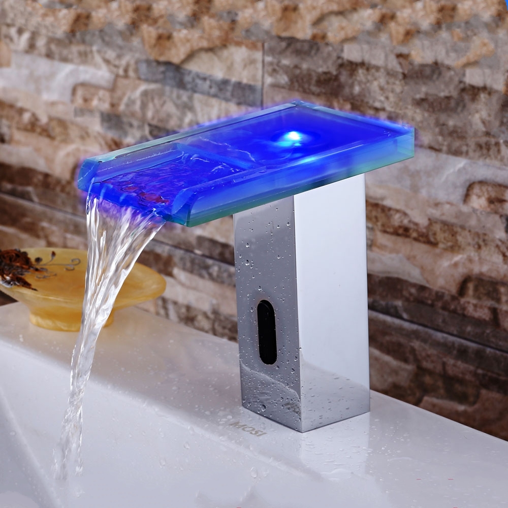LED Waterfall Chrome Finished Automatic Sensor Bathroom Faucet