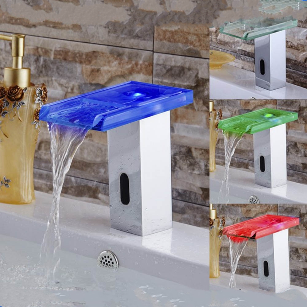 LED Waterfall Chrome Finished Automatic Sensor Bathroom Faucet