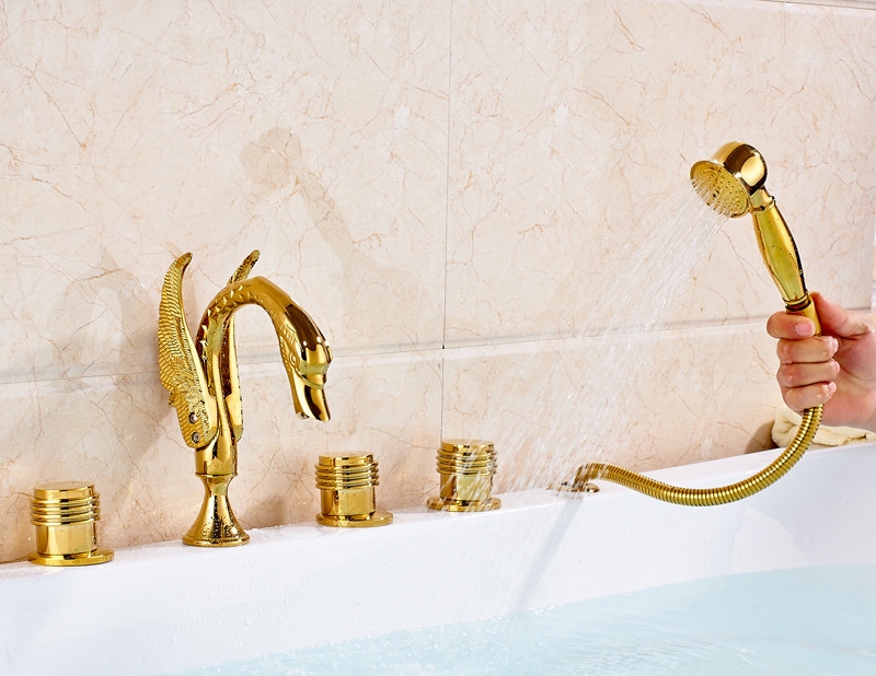 Long Neck Gold Swan 5 Pieces Bathtub Faucet with Hand Shower