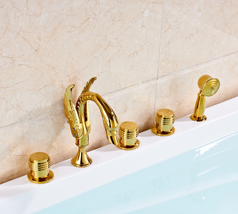 Juno Long Neck Gold Swan 5 Pieces Bathtub Faucet With Hand Shower Товар 6 polished gold wall mounted bathroom kitchen faucet two handle mixer tap zsf619 5 товар 9 rose gold swan bathroom faucet tall single handle&hole mixer deck mount sink tap 8. juno long neck gold swan 5 pieces bathtub faucet with hand shower