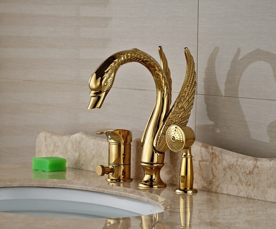 Long Neck Gold Swan Bathtub Faucet with Hand Shower
