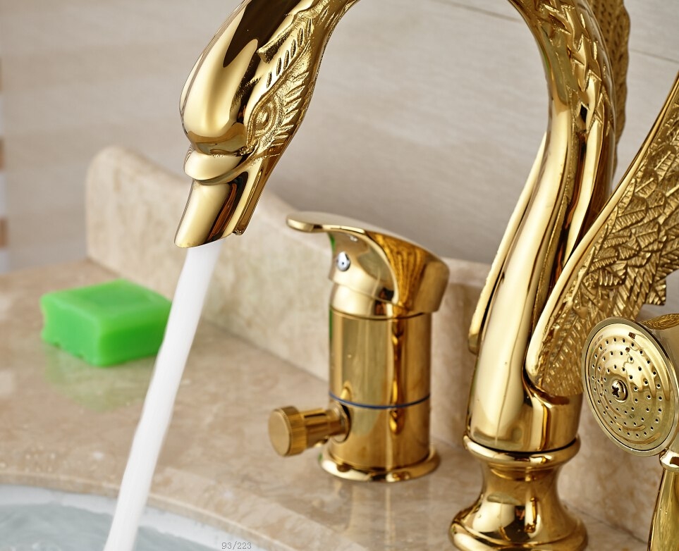 Long Neck Gold Swan Bathtub Faucet with Hand Shower