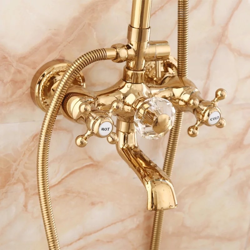 Luxury Wall Mounted Gold Finish Bathroom Rain Shower with Handheld Shower