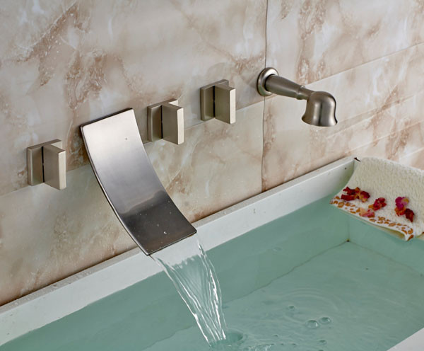 New Triple Handle Nickle Brushed Waterfall Faucet in Bathtub Faucet