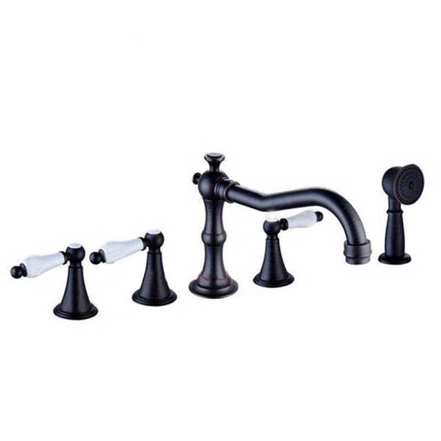 Briella Antique Widespread Bathtub Faucet 5 pcs In Oil Rubbed bronze White Handle Faucet Mixer With Hand Shower