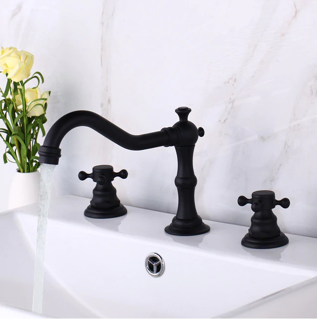 Juno Long Swivel Spout Deck Mount Brass Dual Handle Bathroom Sink Faucet