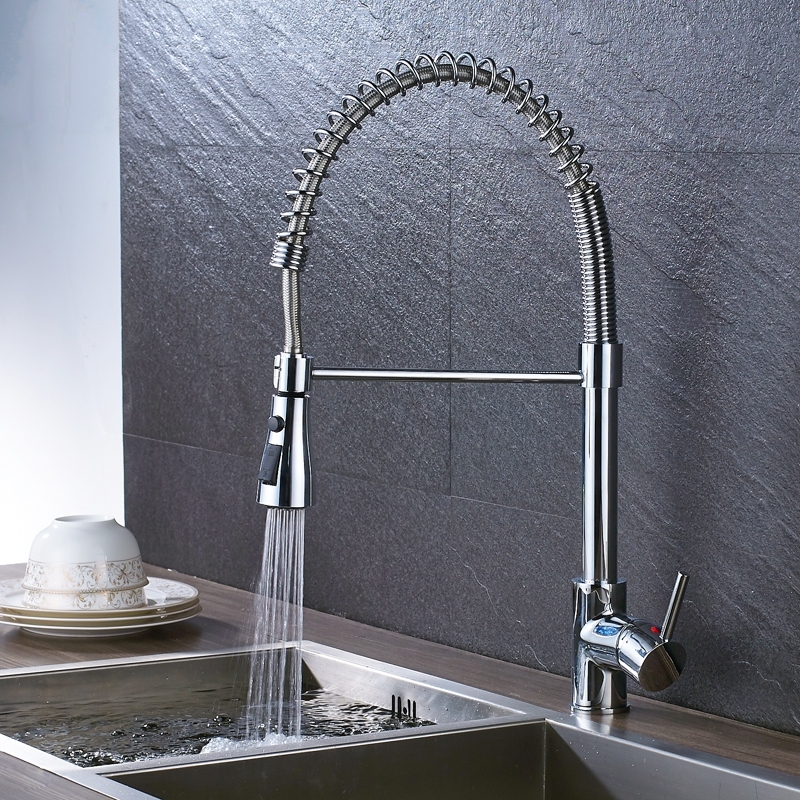 Polished Spring Pull Down Single Handle Swivel Spout Kitchen Faucet