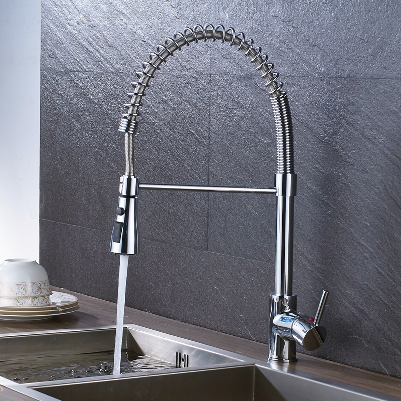 Polished Spring Pull Down Single Handle Swivel Spout Kitchen Faucet