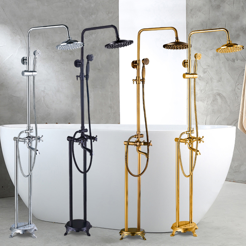 Modern Style Floor Mounted Tub Shower Faucets Unique Design Single Handle  Brass Tub Filler Home Bathroom Free Standing Bathtub Shower Taps, Gold  Finish 