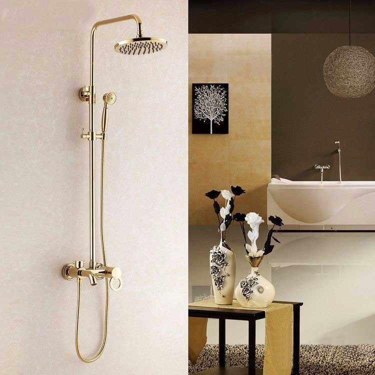 Round Rain Gold Brass Shower Mixer Faucet with Hand Held Shower