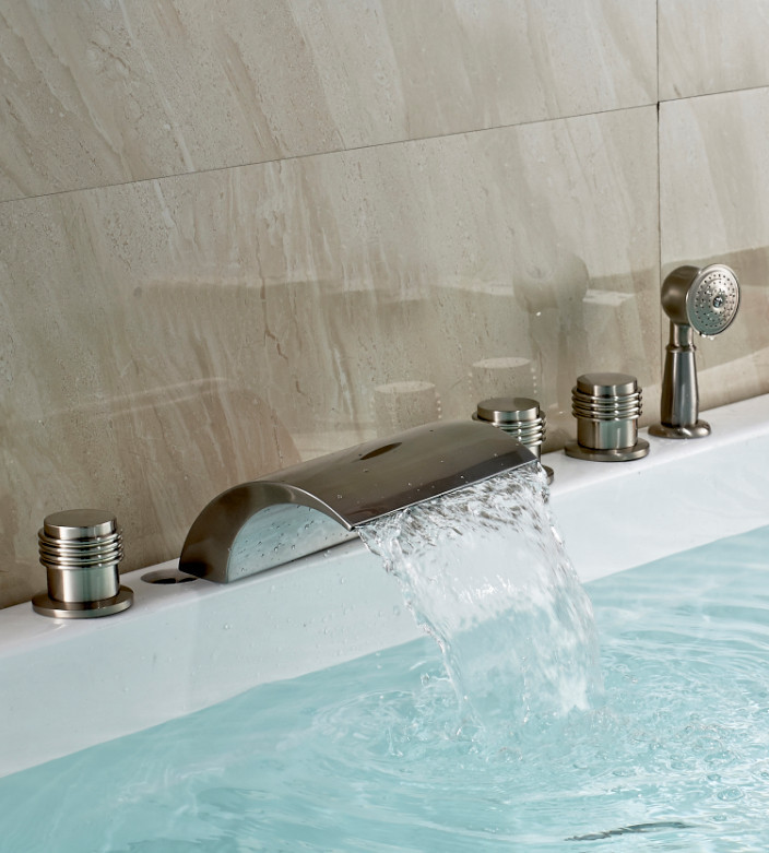 Monora Brushed Nickel Waterfall Tub Faucet Three Handles With