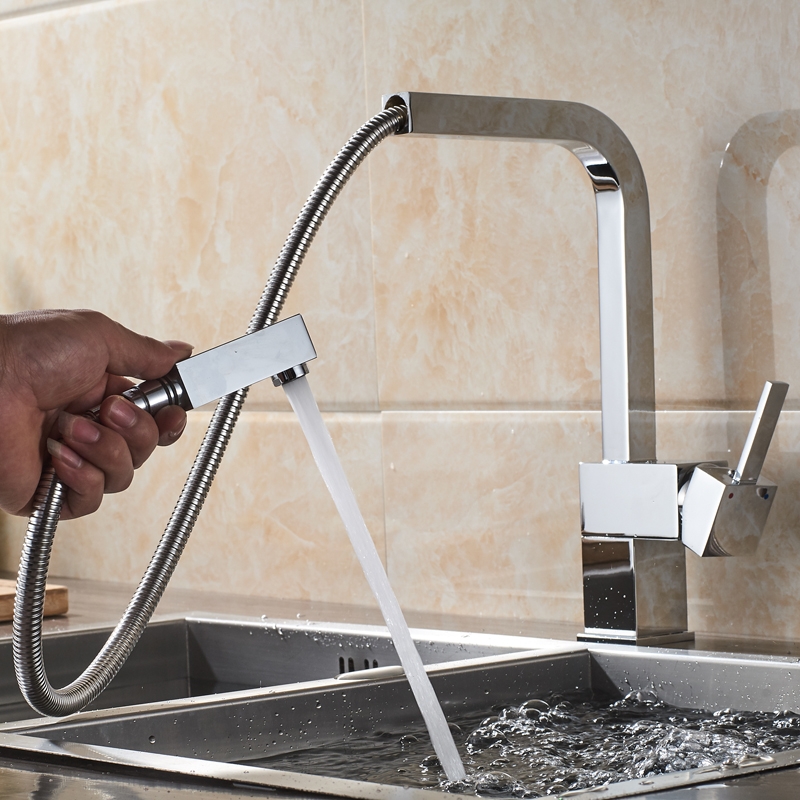 Square Base Single Handle 360-Degree Pull Out Curved Kitchen Faucet