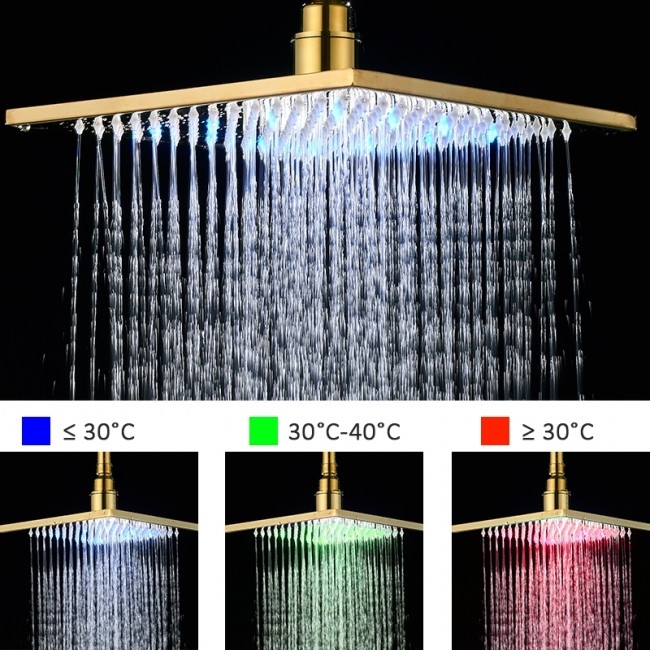 12"Gold LED Brass Shower Head Wall Mounted Square Bath Overhead Shampoo Sprayer 