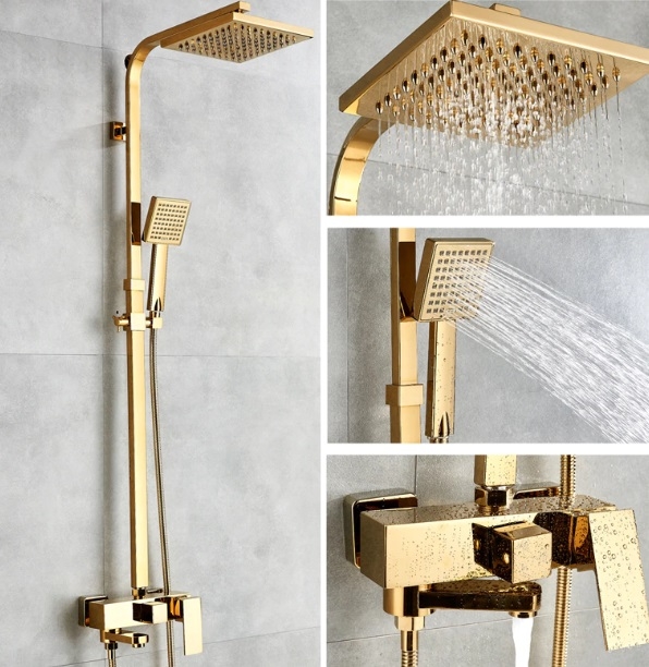 Square Gold Polish Luxury Relaxation Single Handle Wall Mount Shower with Hand-Held Shower