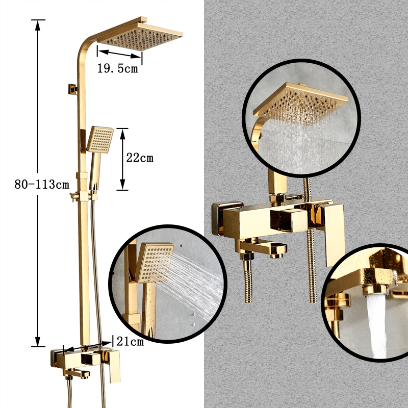 Square Gold Polish Luxury Relaxation Single Handle Wall Mount Shower with Hand-Held Shower 