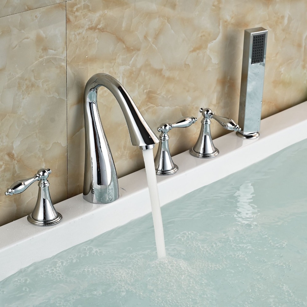 Stunning Look Chrome Finish Deck Mount Bathtub Faucet & Hand Shower