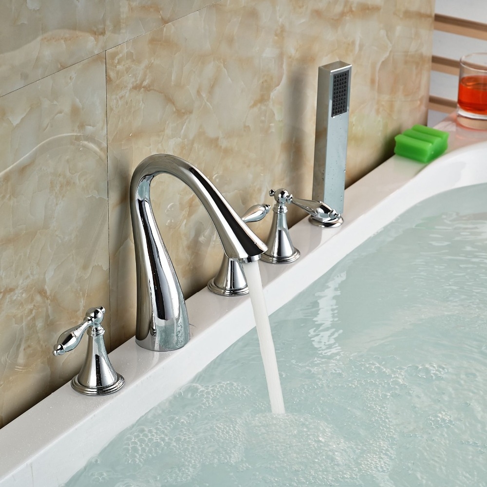 Stunning Look Chrome Finish Deck Mount Bathtub Faucet & Hand Shower