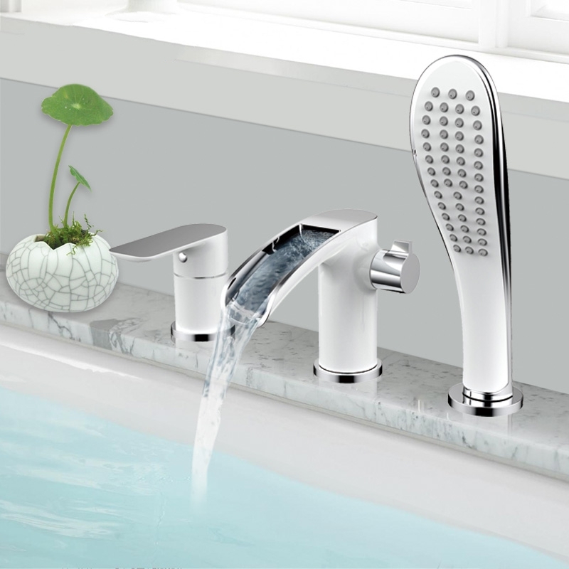 Stylish White Deck Bathtub Faucet with Handheld Arm Shower  