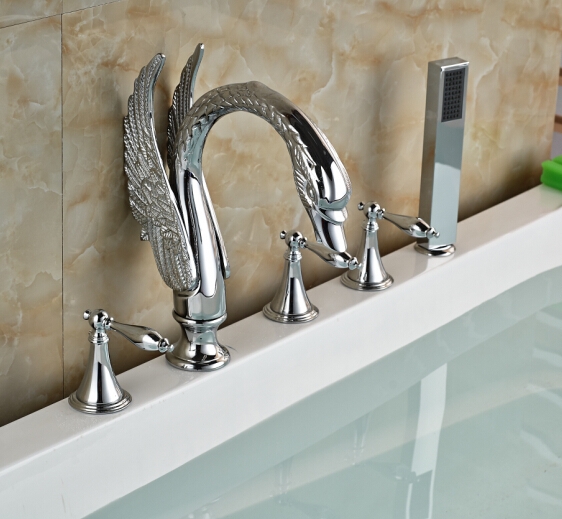 Swan Deck Mount Chrome Bathtub Faucet with Hand Shower