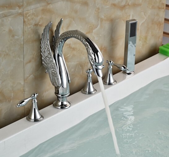 Swan Deck Mount Chrome Bathtub Faucet with Hand Shower
