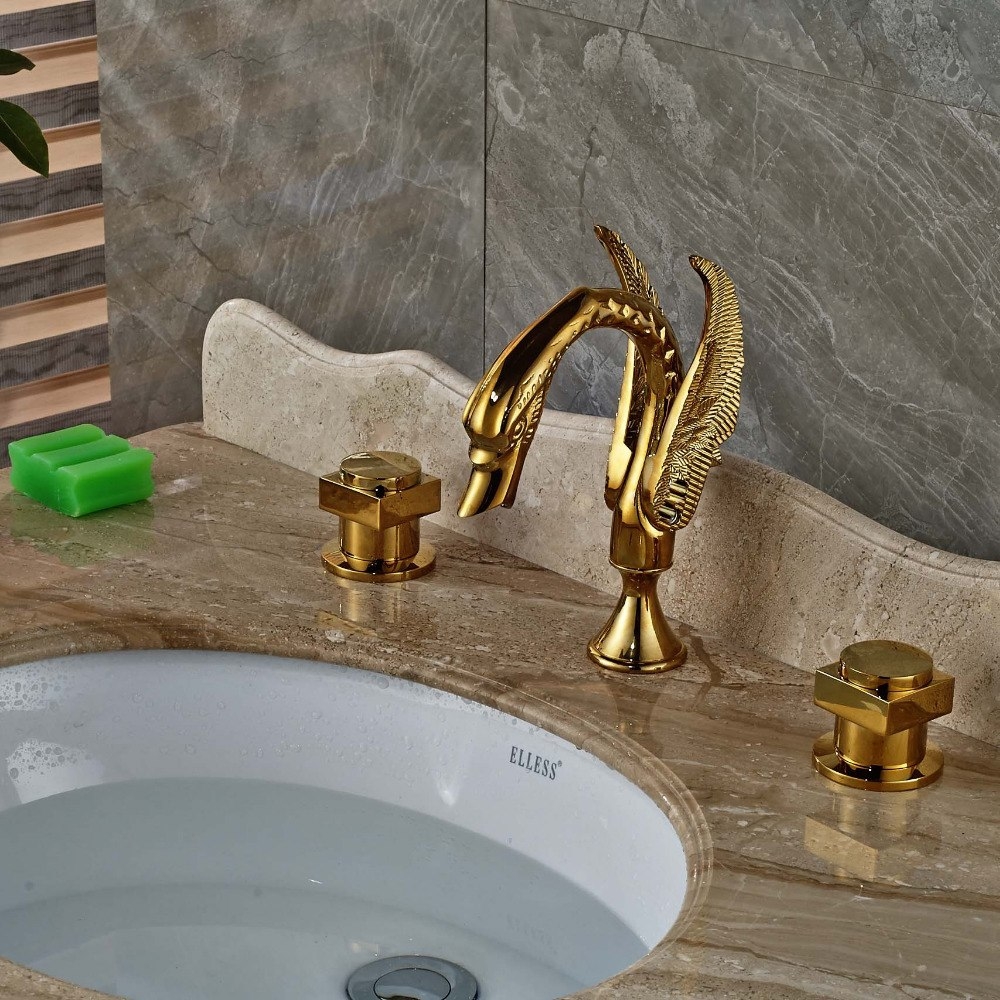 Swan Gold Finish Dual Handle Wall Mount Brass Bathroom Sink Faucet