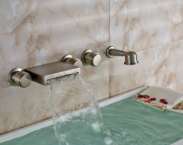 Wall Mount Brushed Bathtub Faucet with Handheld Shower