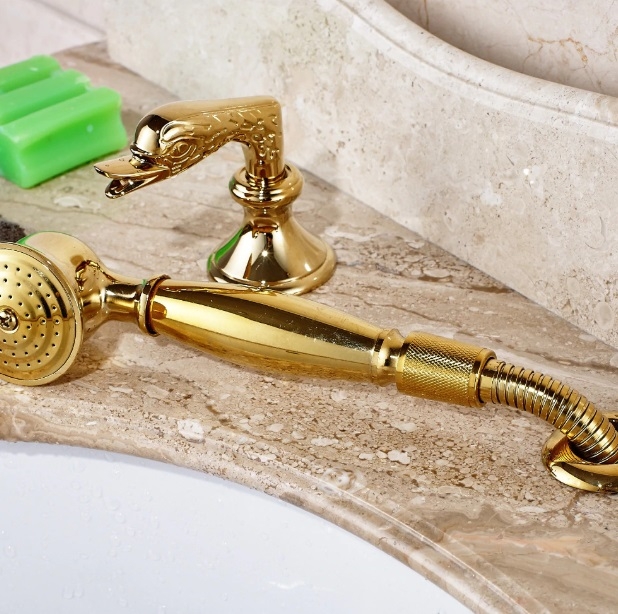 Trento Swan Dual Handle Gold Bathroom Sink Pull Out Shower Faucet