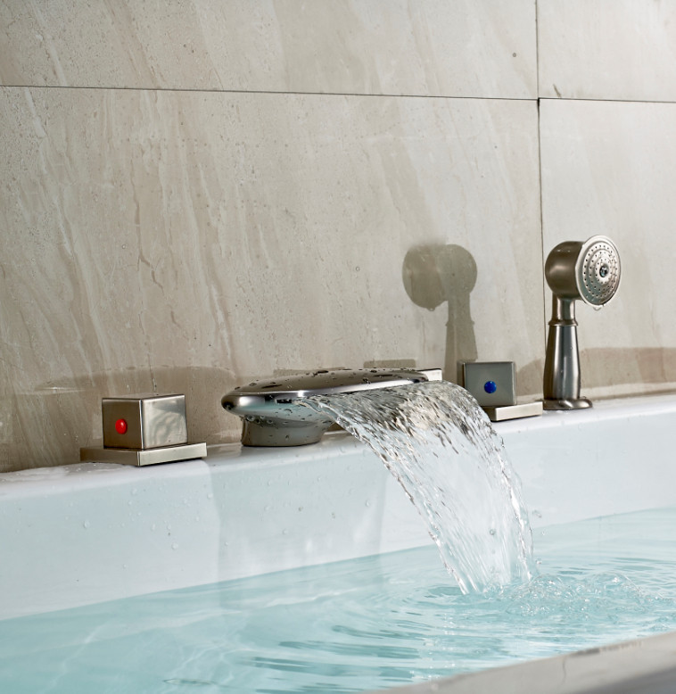 Brushed Nickel Finish Roman Tub Faucet, Handheld Shower Head For Bathtub Faucet