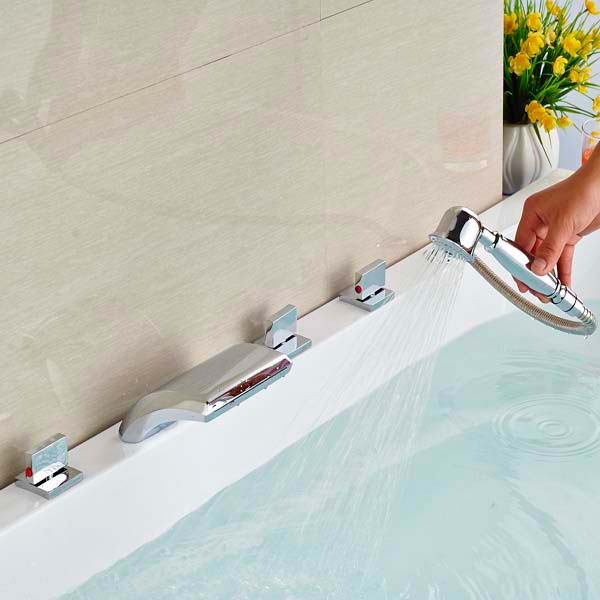 Triple Handle Deck Mounted Widespread Waterfall Bathroom Bathtub Faucet With Handheld Shower 