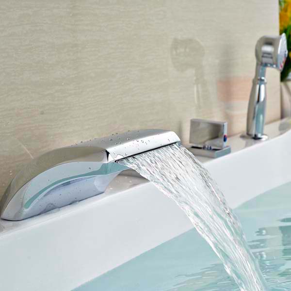 Triple Handle Deck Mounted Widespread Waterfall Bathroom Bathtub Faucet With Handheld Shower 
