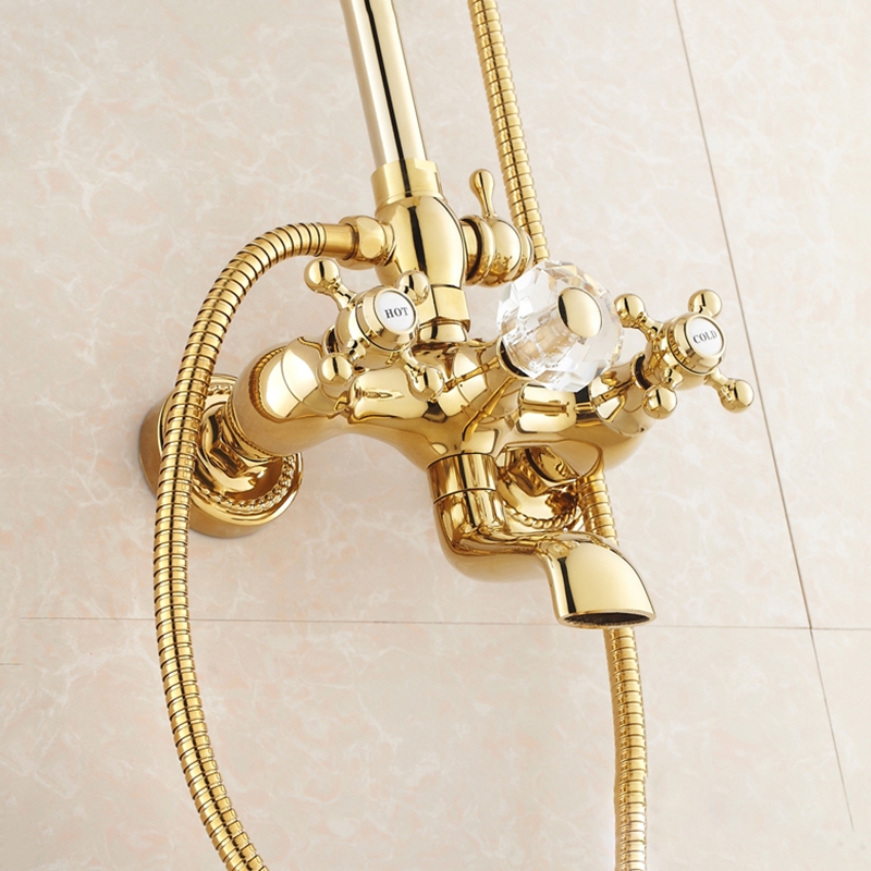 Wall Mount Dual Handle Gold Bathroom Shower with Hand-Held Shower