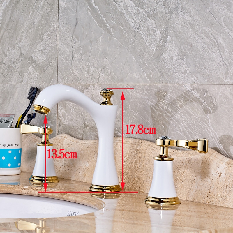 White Golden Deck Mounted Gold Handle Bathroom Mixer Faucet