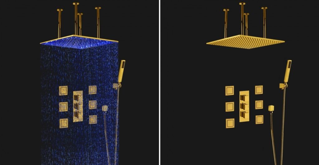 Juno Vanilla Gold Plated LED Large Rain Shower Head Shower Set