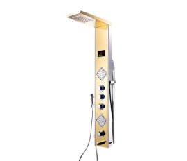 Juno Multi Function Gold Wall Mount Bathroom LED Shower Faucet Panel With Thermostatic Massage Jets