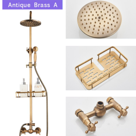 Juno Combo Antique Brass Shower Faucet Set with Shower Mixer & Commodity Shelf