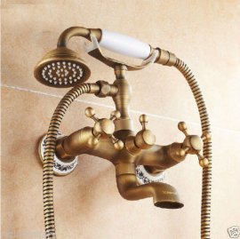 Antique Brass Dual Cross Handles Bathtub Faucet with Handheld Shower Head