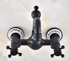 Juno Contemporary Black Brass Short Swivel Wall Mount Dual Cross Handles Kitchen Sink Faucet