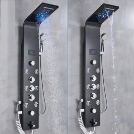 Juno Luxury LED Waterfall & Rainfall Stainless Steel Wall Mount Black Shower Panel 