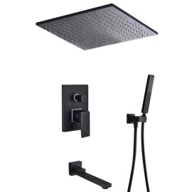 Black Square 16 Inches Water Rainfall Shower Head with Mixer Faucet