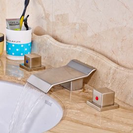 Brushed Bathroom Sink Faucet Double Handles Hot & Cold Water Mixer Tap