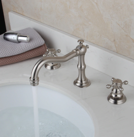 
Juno Long Swivel Spout Deck Mount Brass Dual Handle Bathroom Sink Faucet 