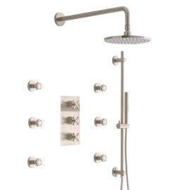 Cali Thermostatic Wall Mount Shower System With Six Body Jets in Brushed Nickel