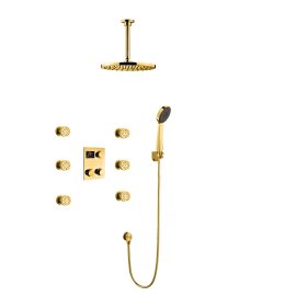 Ceiling Mount Gold Finish Thermostatic Digital Display shower system with hand shower Head Set 
