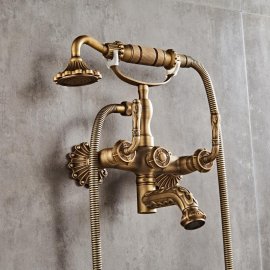 Classic Antique Brass Wall Mount bathroom Faucet with Hand Held Shower